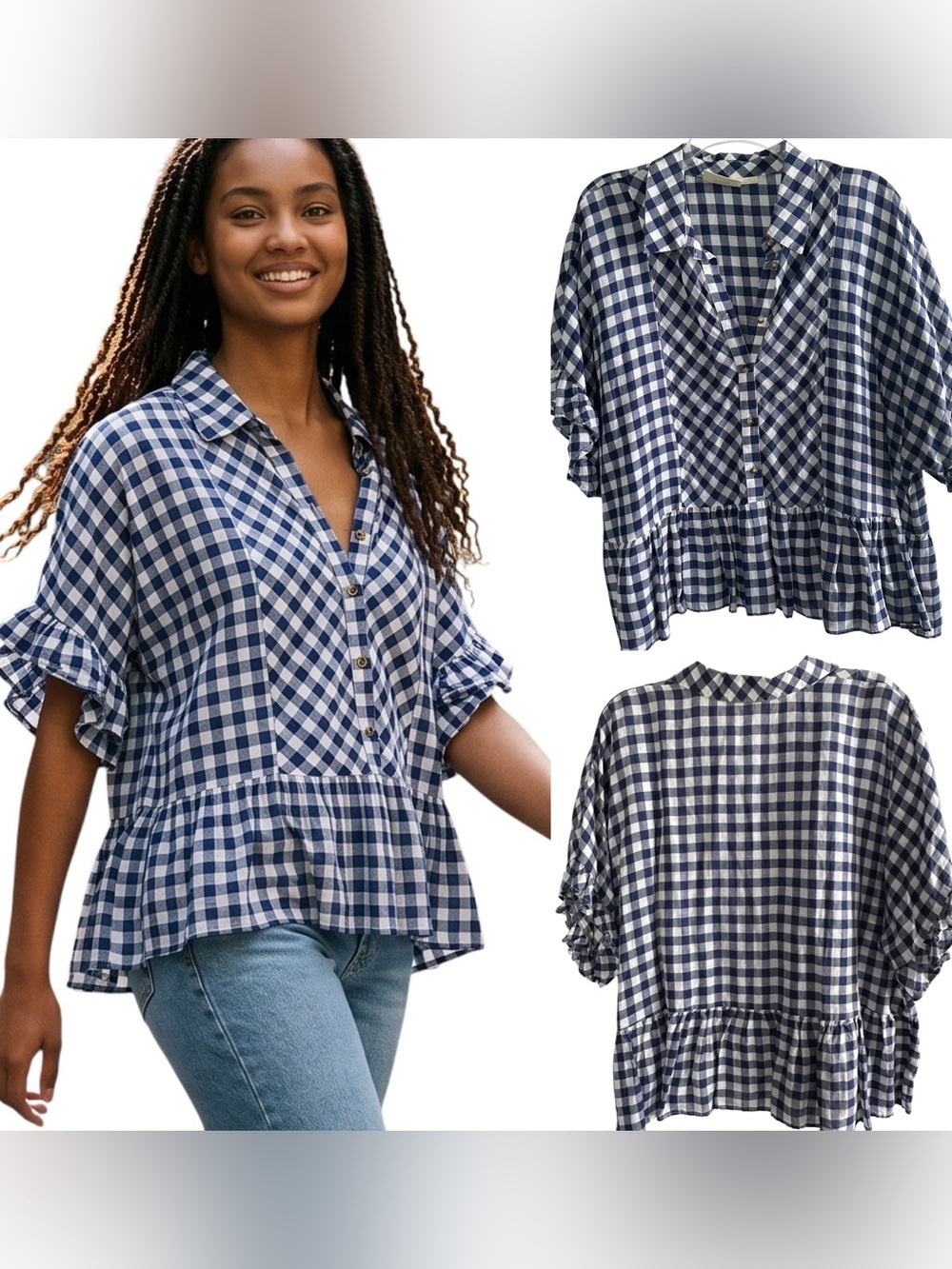 Anthropologie Maeve Blue & White Gingham Button-Down Peplum Shirt Size Large Top